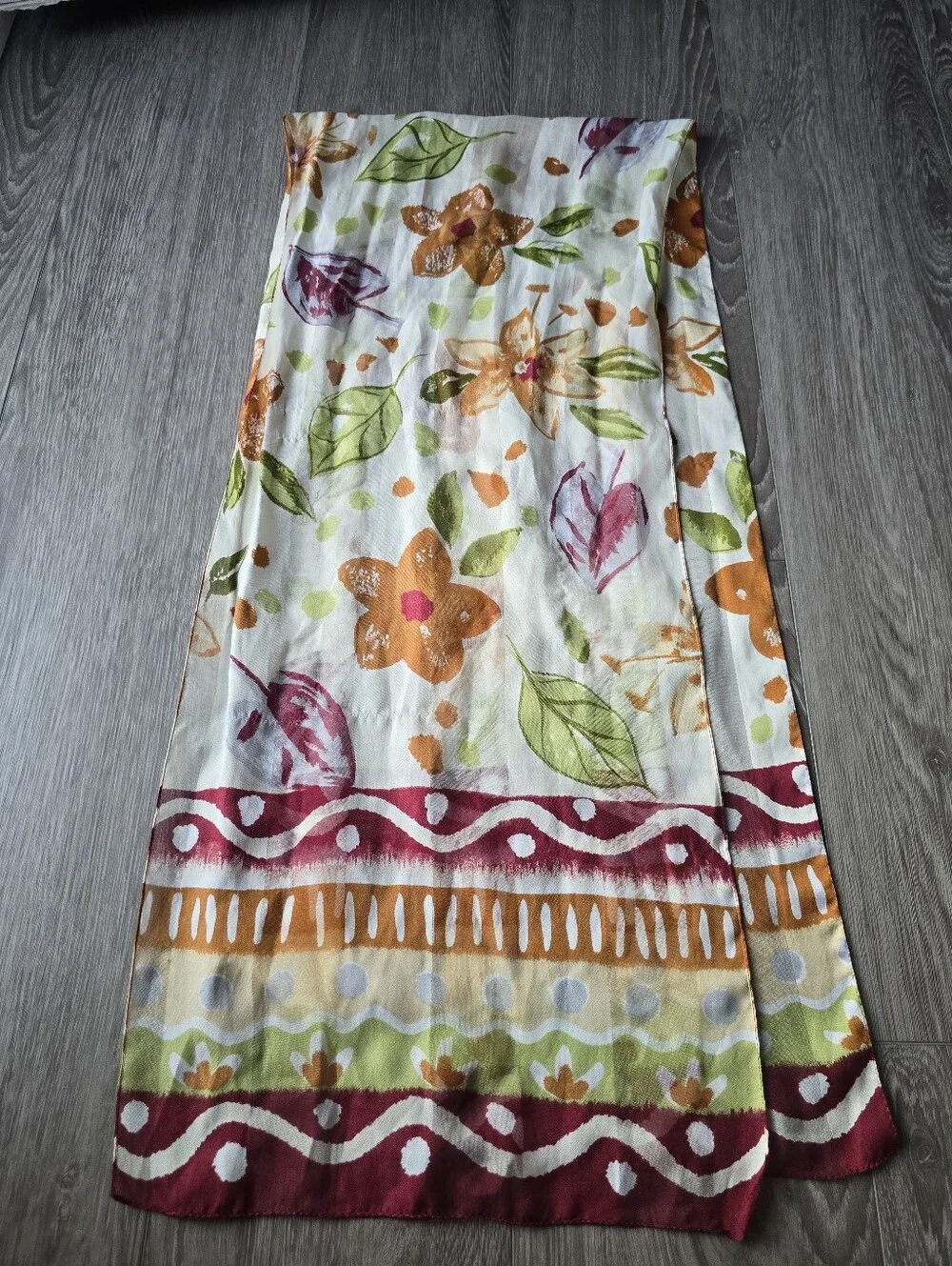 Watercolor Floral Oblong Scarf Boho Ikat Border Orange Green Made in Italy Long